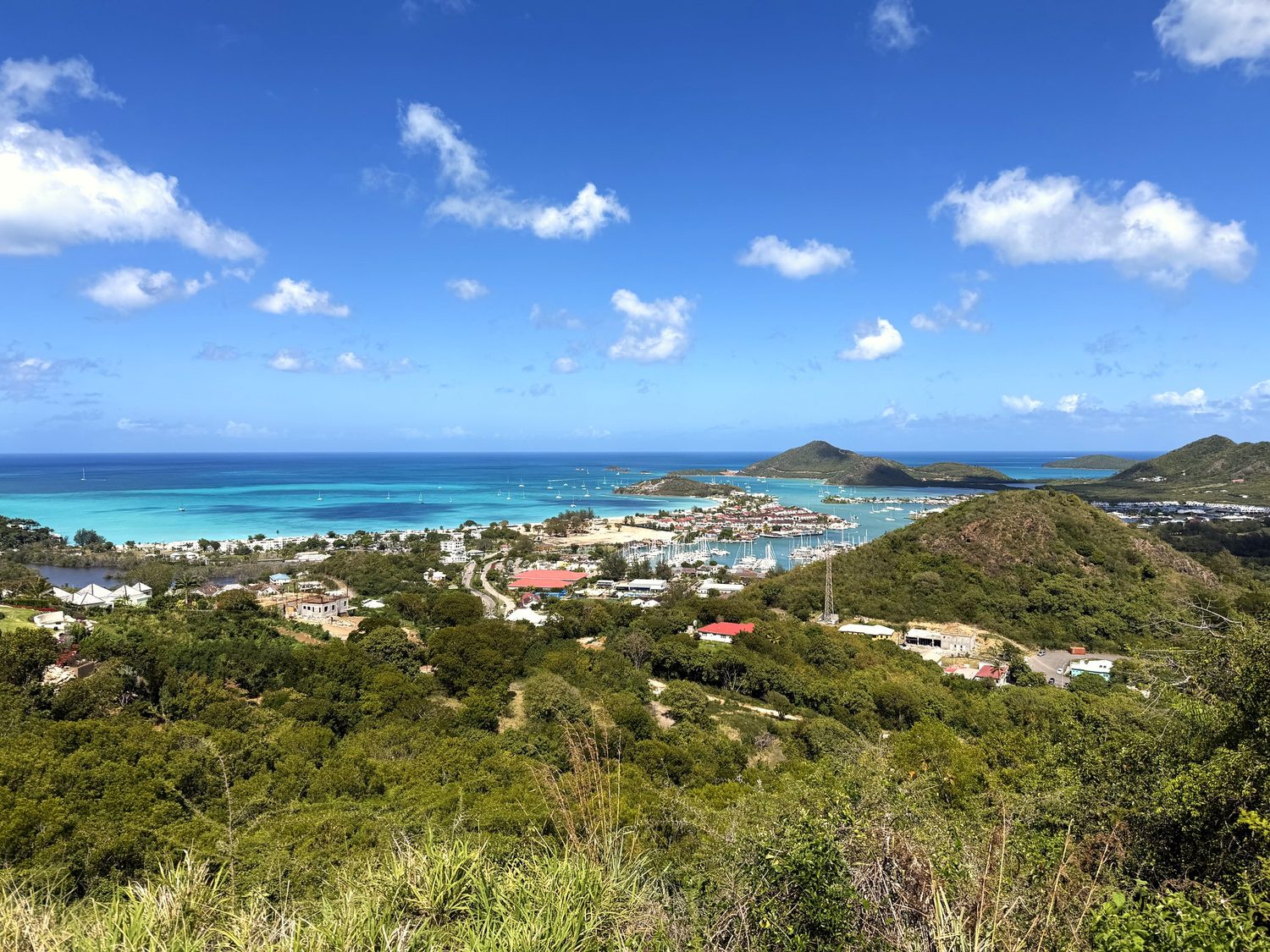 View across Jolly Harbour and the marina from the Paradise Hills ridge, Antigua