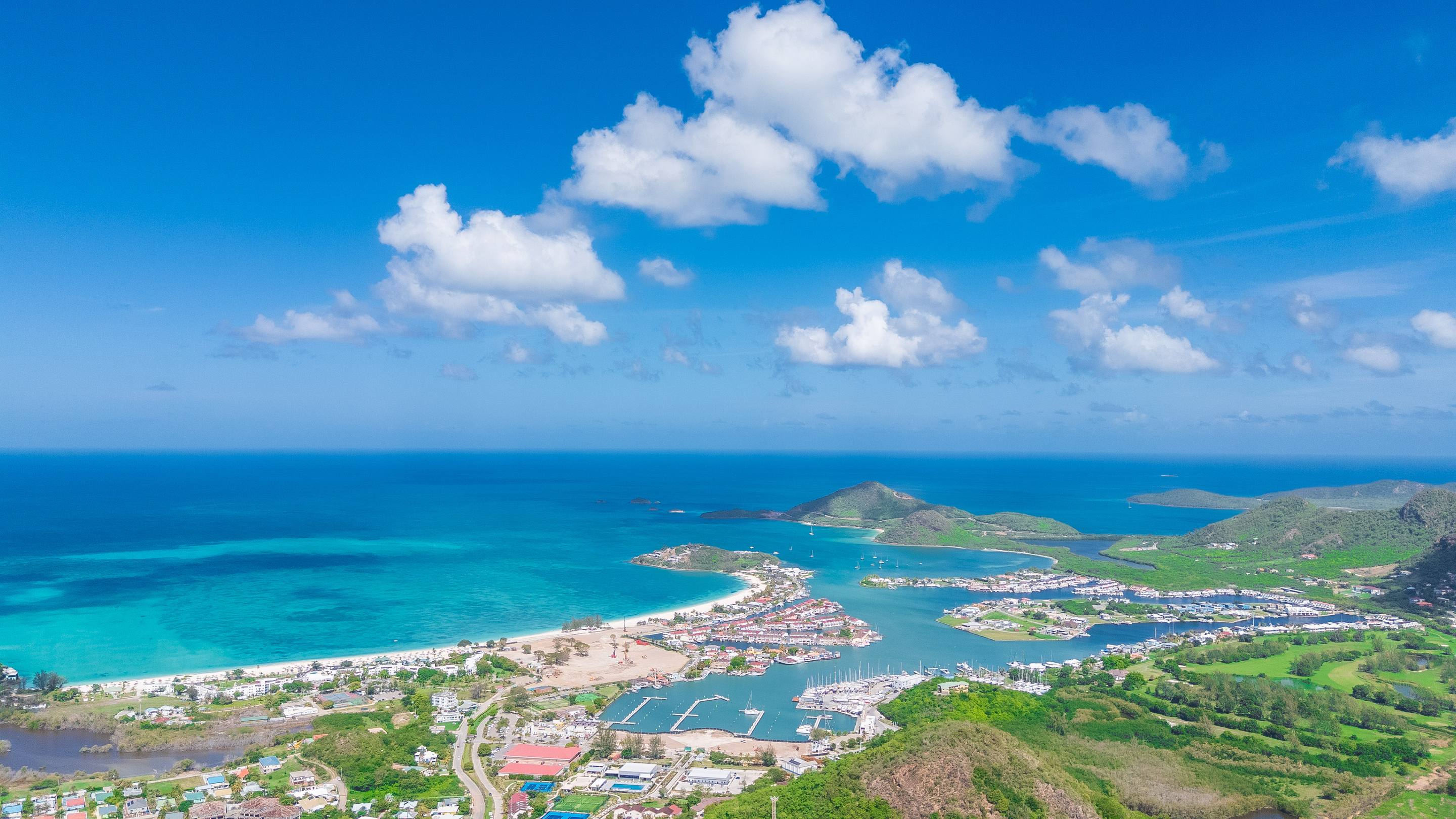 Jolly Harbour, its marina and beaches seen from the hillside above, Antigua