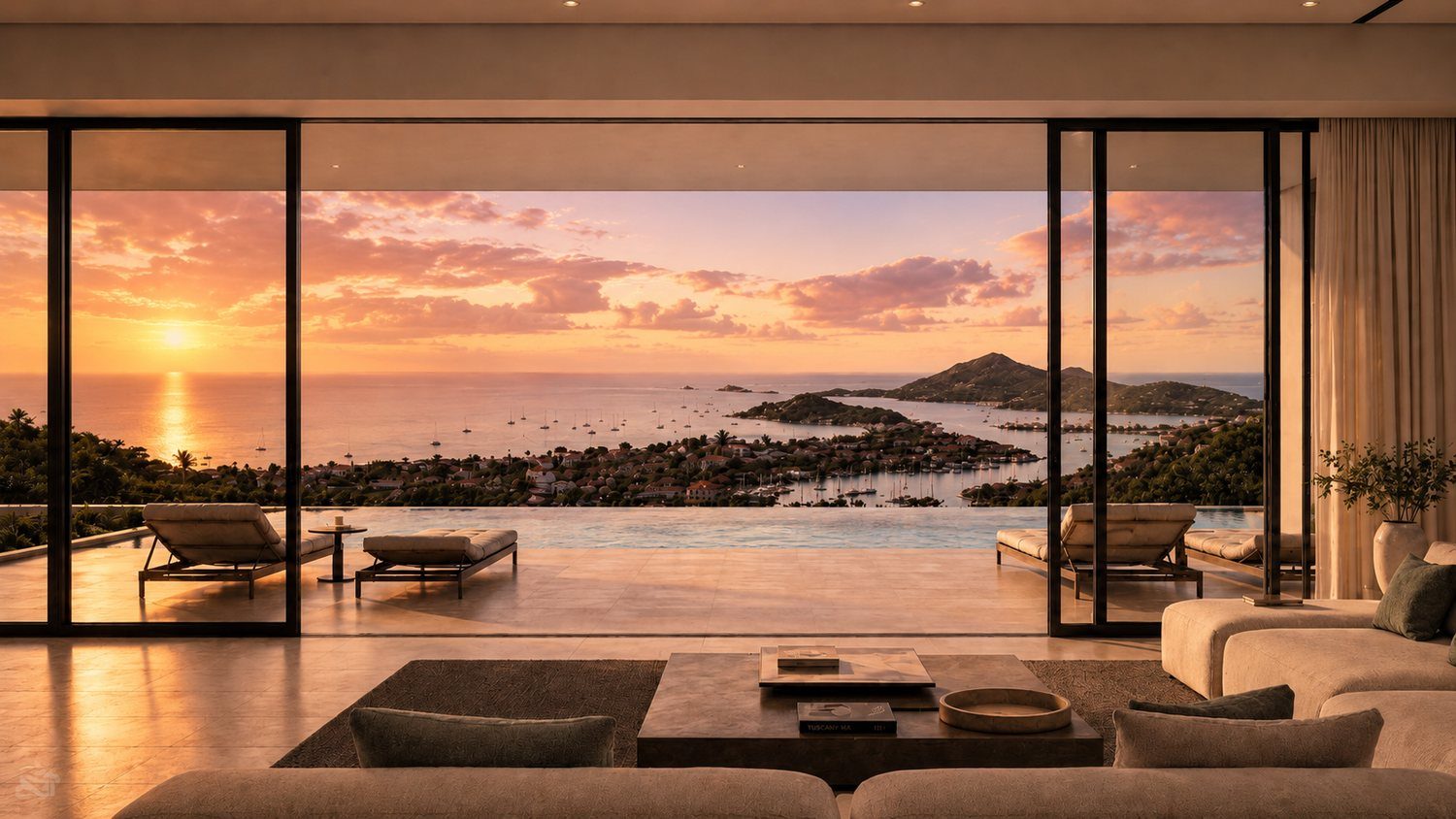 Villa Skyline living room at golden hour, doors open to the pool terrace