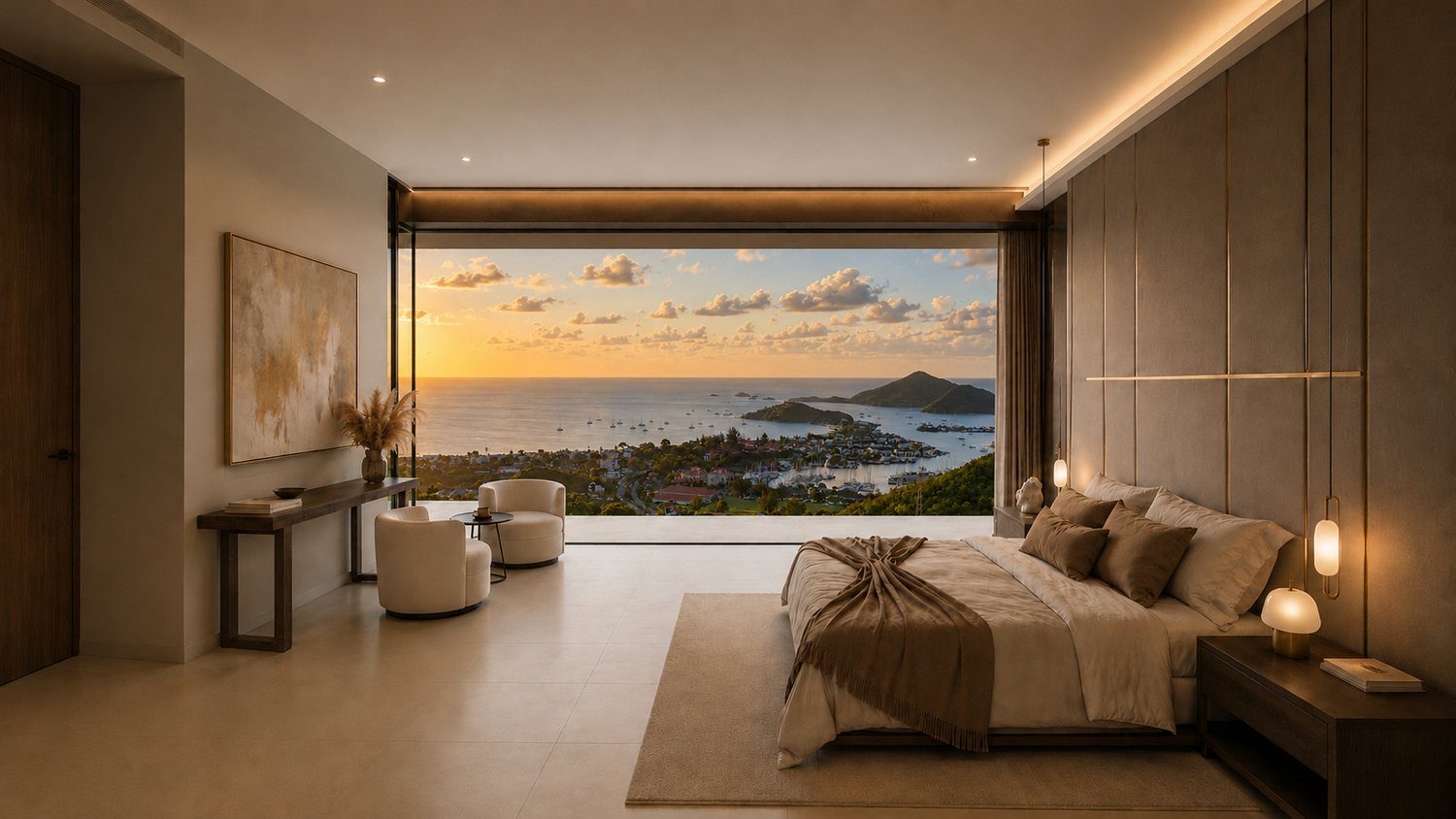 Villa Skyline bedroom suite opening to the sea at sunset