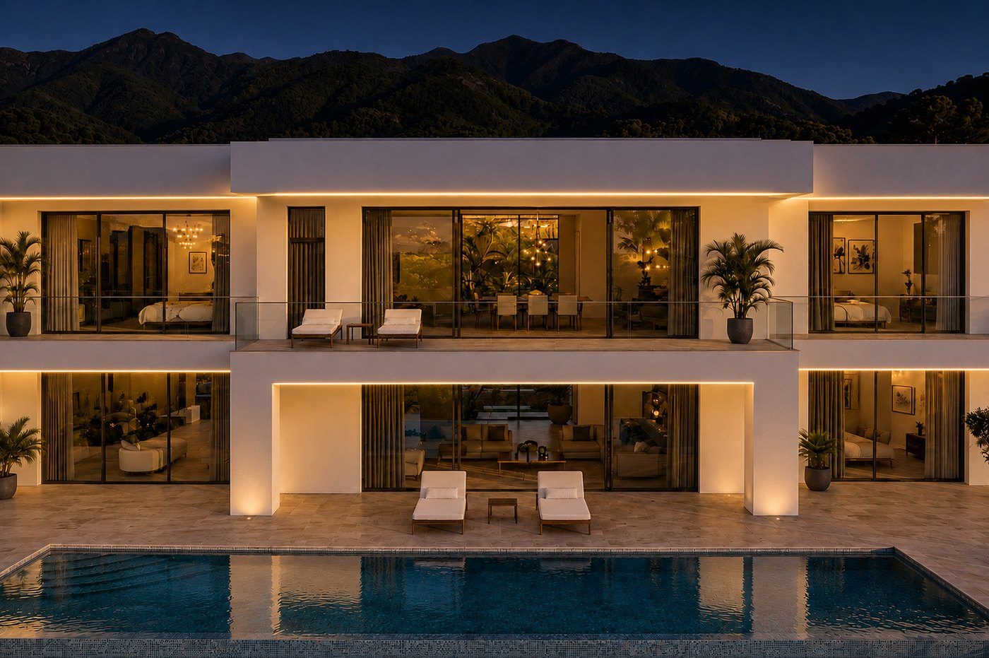 Villa Skyline at night, lit terraces above the pool