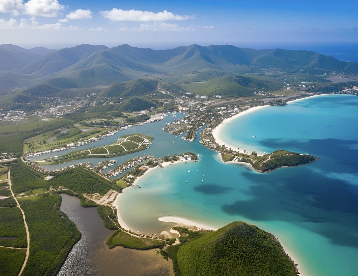 Aerial view over Jolly Harbour and Antigua's west coast